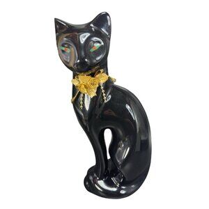 Vintage 1980s Tall 11inch Black Cat Kitty Cat With Green Eyes Ceramic Cat Figure